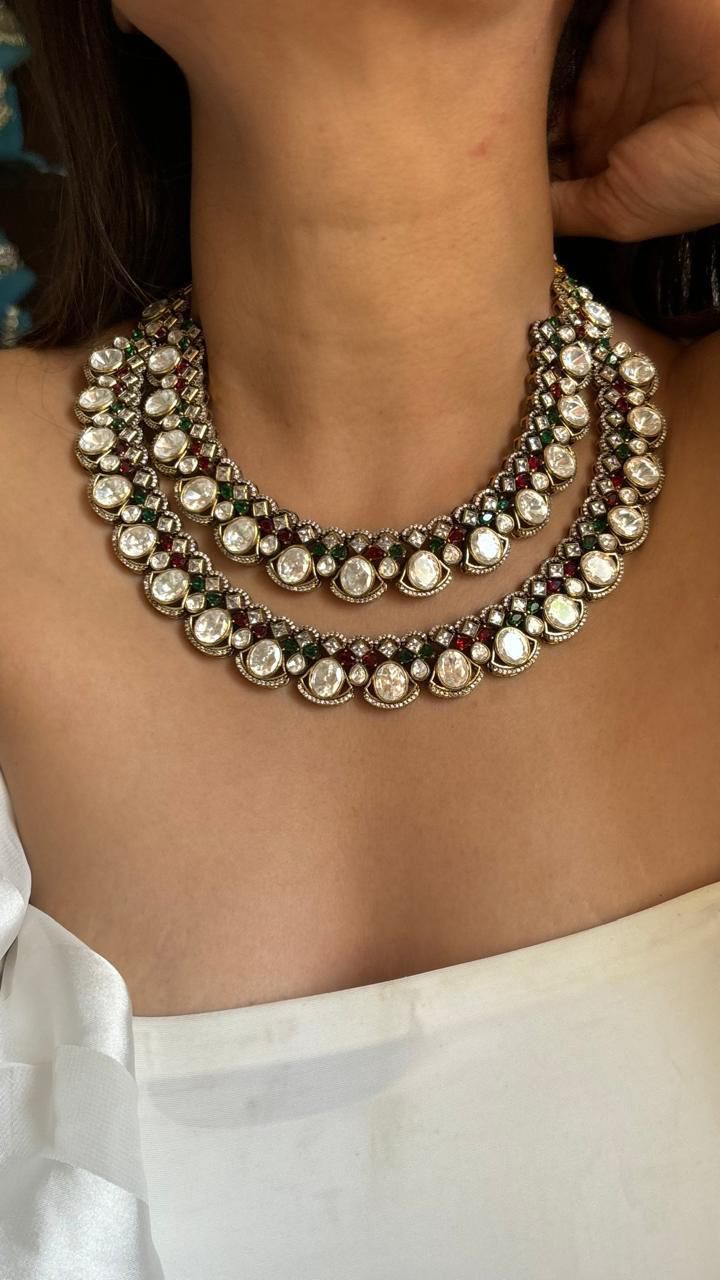 Double Layer Polki White Choker Earrings Set For Wedding - Libasaa.com