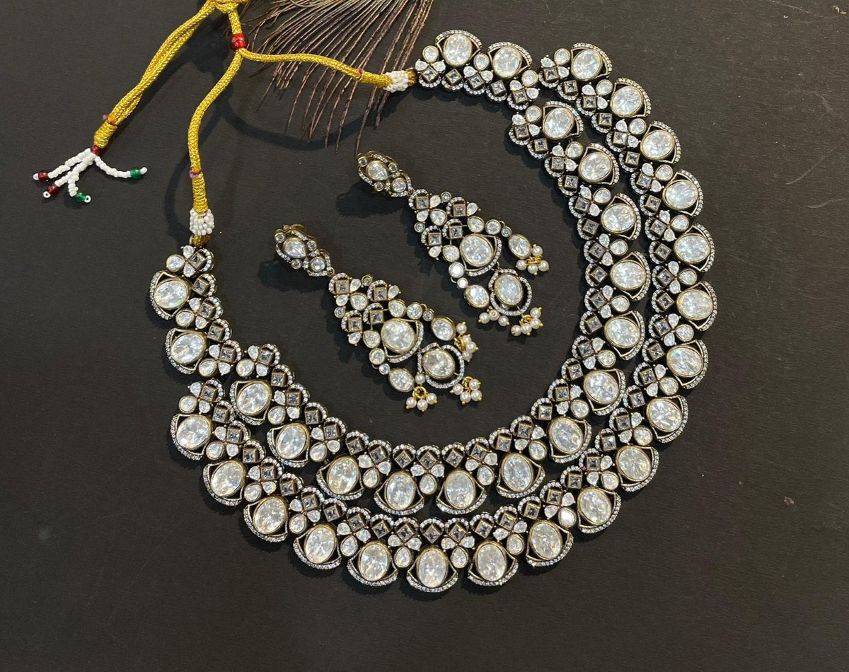 Double Layer Polki White Choker Earrings Set For Wedding - Libasaa.com
