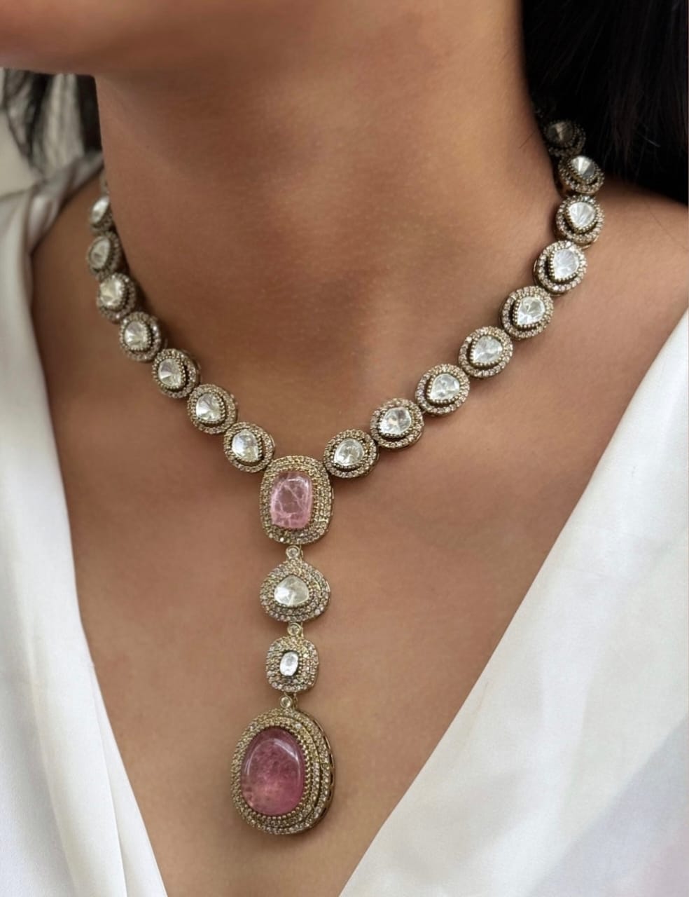 Pakistani Statement Polki Kundan Necklace & Earrings Set | Kundan Jewelry | Indian Jewelry | Pakistani Necklace Set | Traditional Jewelry | Polki Necklace - Libasaa.com