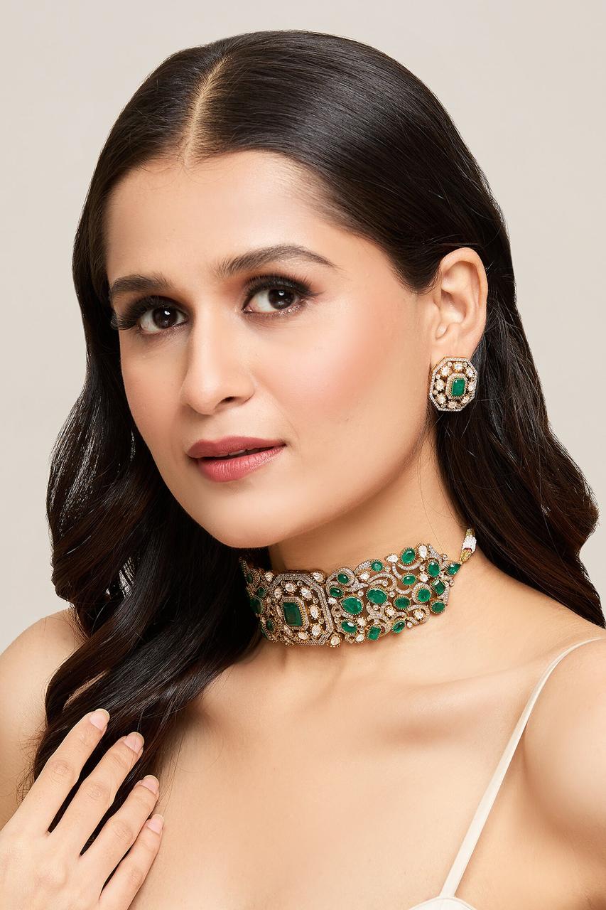 Green Bollywood Inspired Polki Kundan Choker Earrings Set | Kundan Jewelry | Indian Jewelry | Pakistani Necklace Set | Traditional Jewelry - Libasaa.com