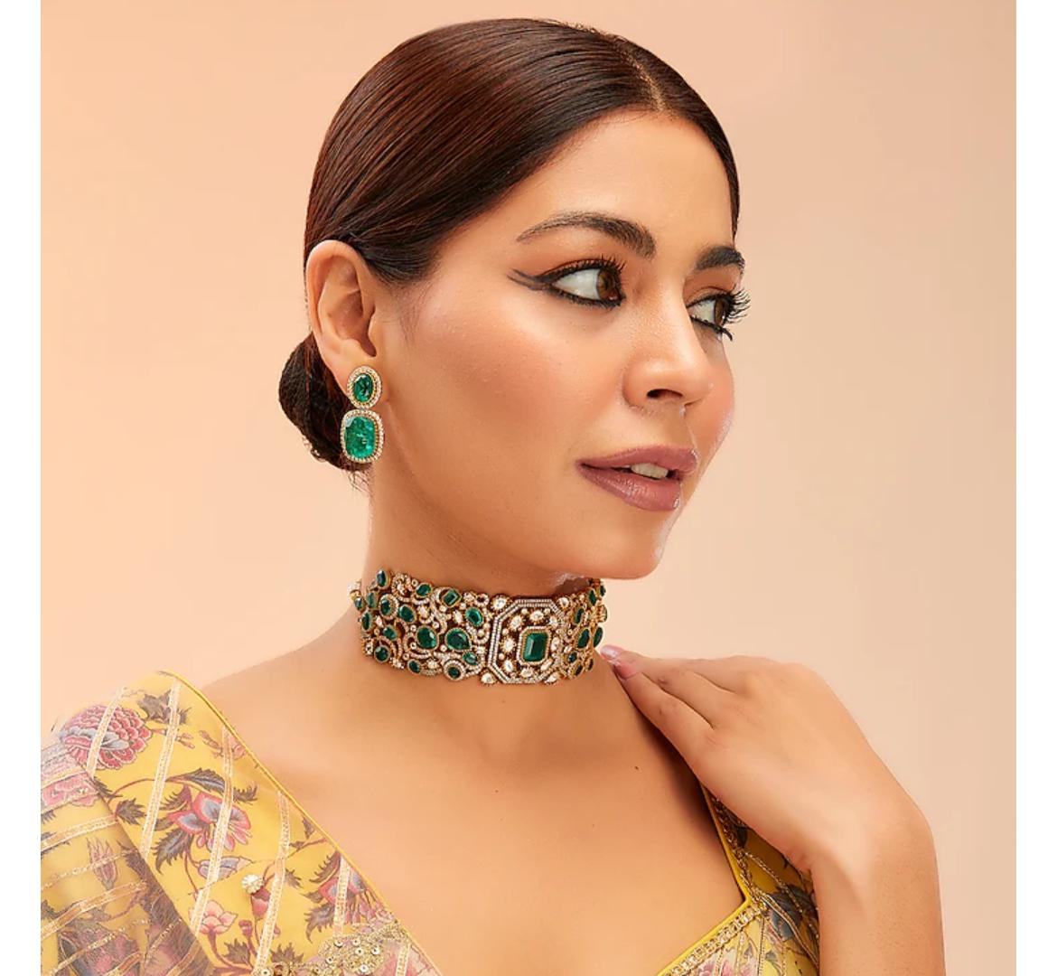 Green Bollywood Inspired Polki Kundan Choker Earrings Set | Kundan Jewelry | Indian Jewelry | Pakistani Necklace Set | Traditional Jewelry - Libasaa.com