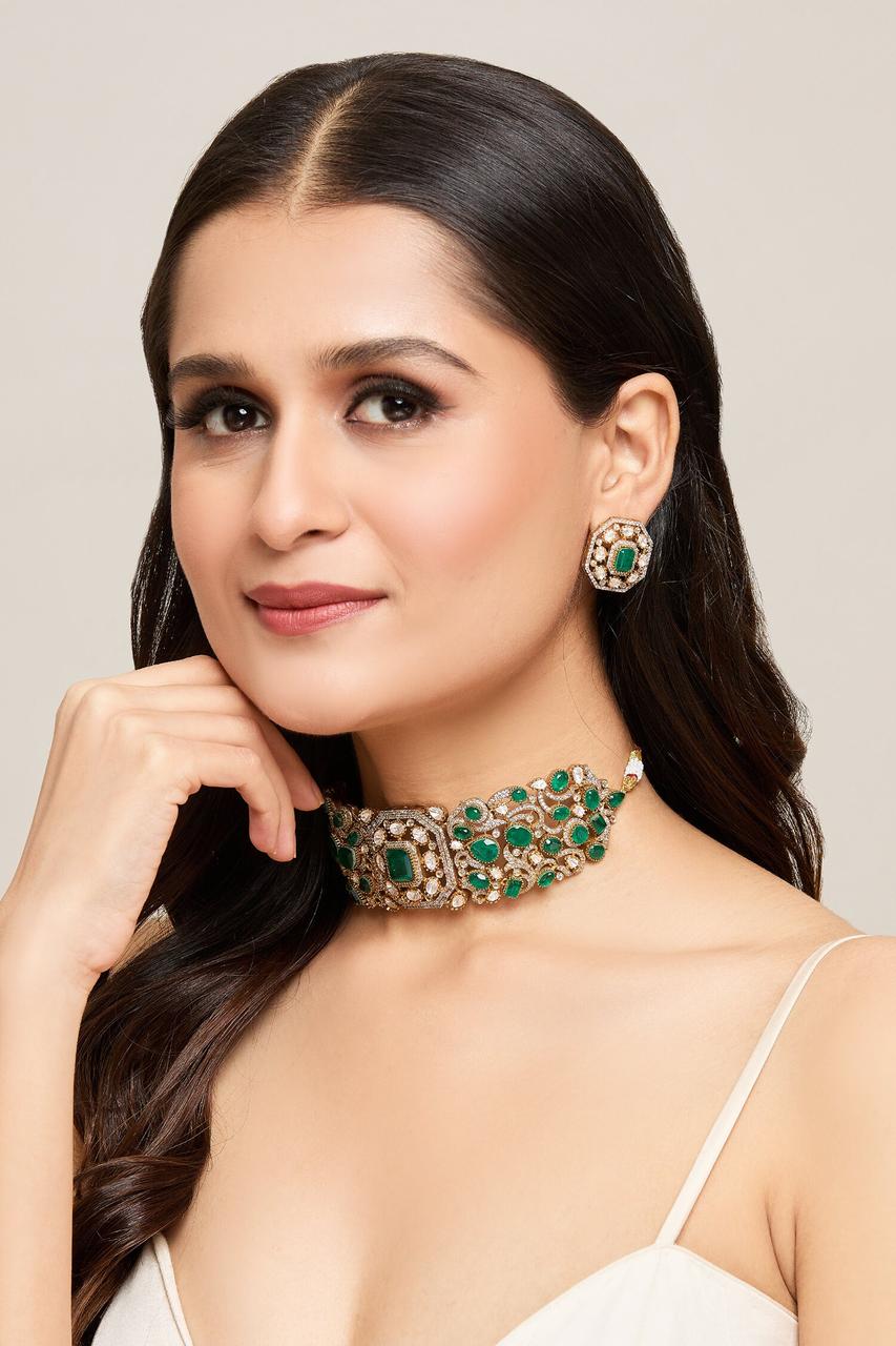Green Bollywood Inspired Polki Kundan Choker Earrings Set | Kundan Jewelry | Indian Jewelry | Pakistani Necklace Set | Traditional Jewelry - Libasaa.com