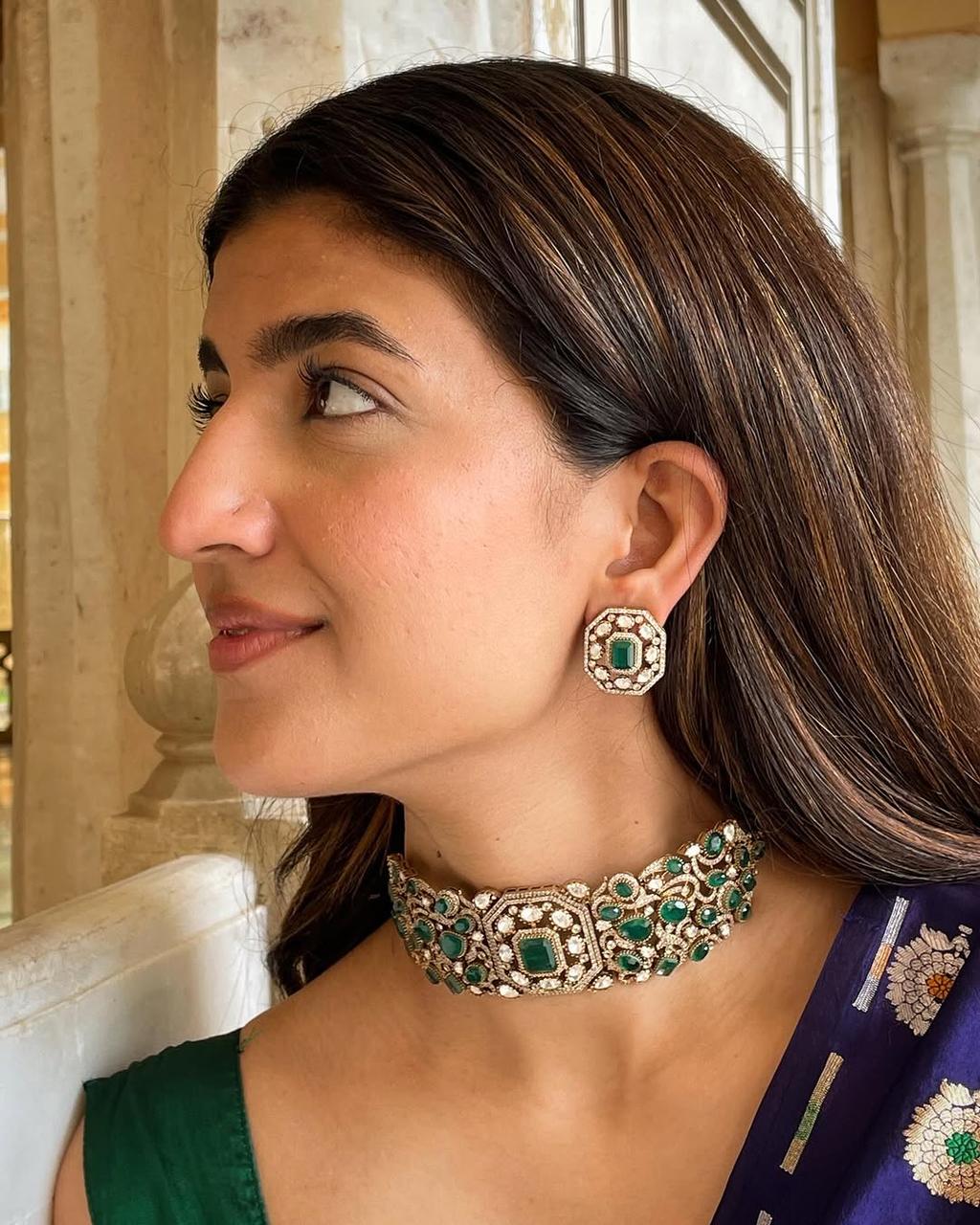 Green Bollywood Inspired Polki Kundan Choker Earrings Set | Kundan Jewelry | Indian Jewelry | Pakistani Necklace Set | Traditional Jewelry - Libasaa.com