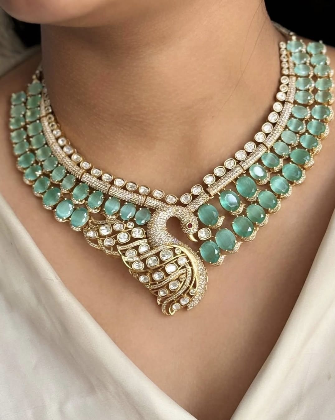 Jaipuri Pale Green Peacock Design Kundan Polki Choker Earrings Set | Kundan Jewelry | Indian Jewelry | Pakistani Necklace Set | Traditional Jewelry - Libasaa.com