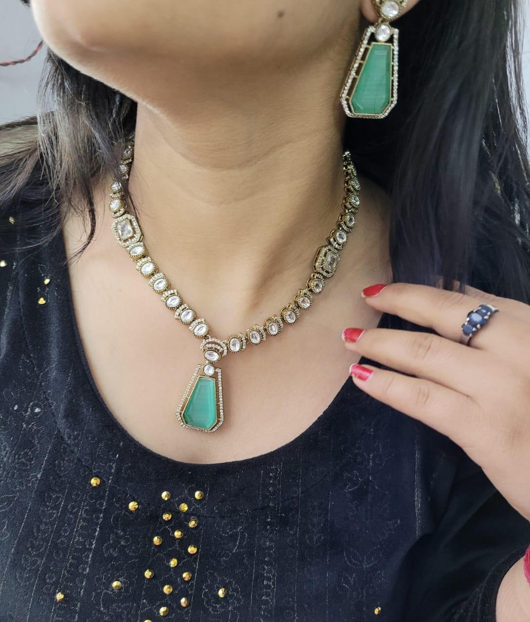 Traditional Craftsmanship American Diamond Kundan Necklace Set | Kundan Jewelry | Indian Jewelry - Libasaa.com