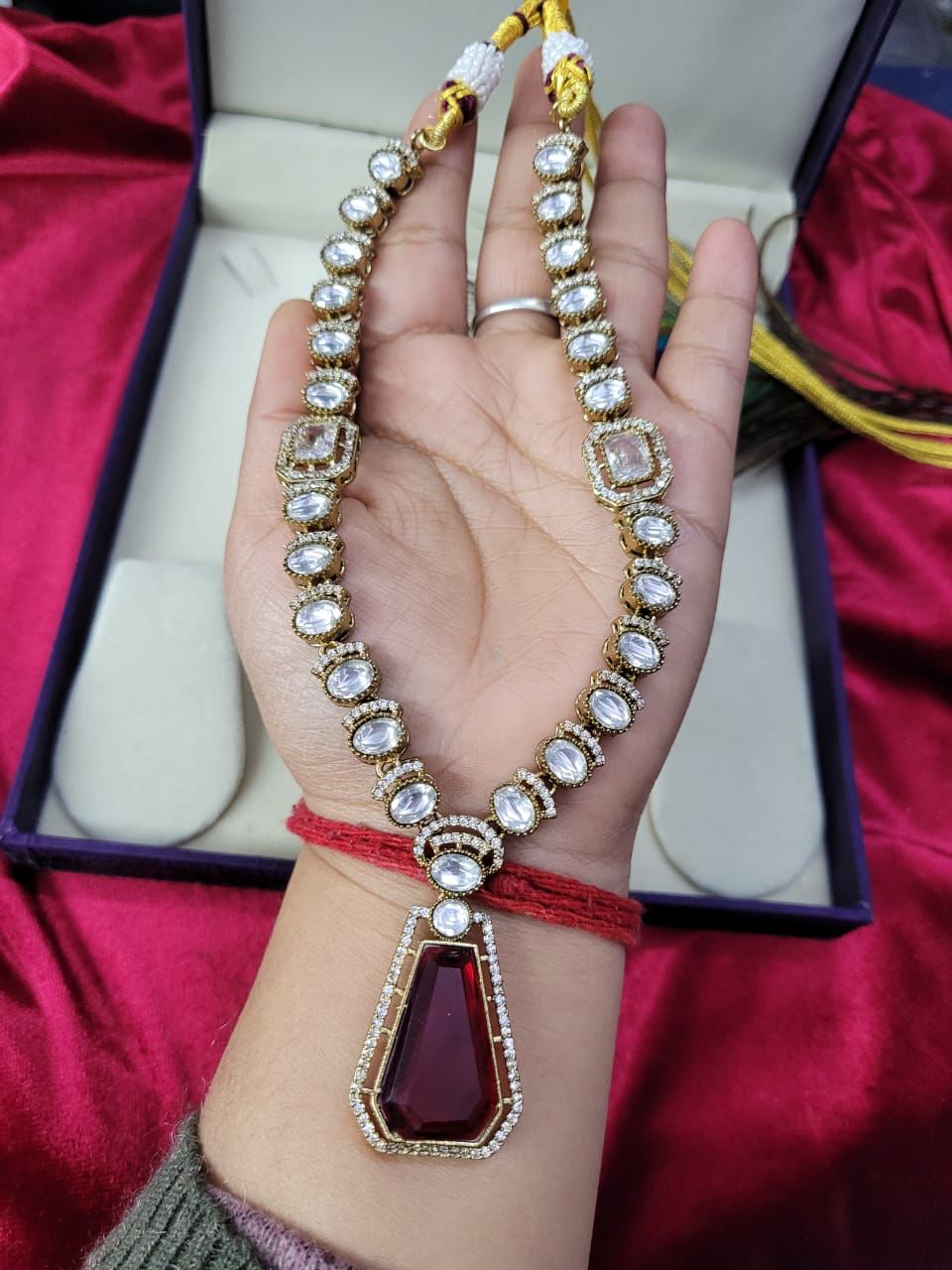 Traditional Craftsmanship American Diamond Kundan Necklace Set | Kundan Jewelry | Indian Jewelry - Libasaa.com