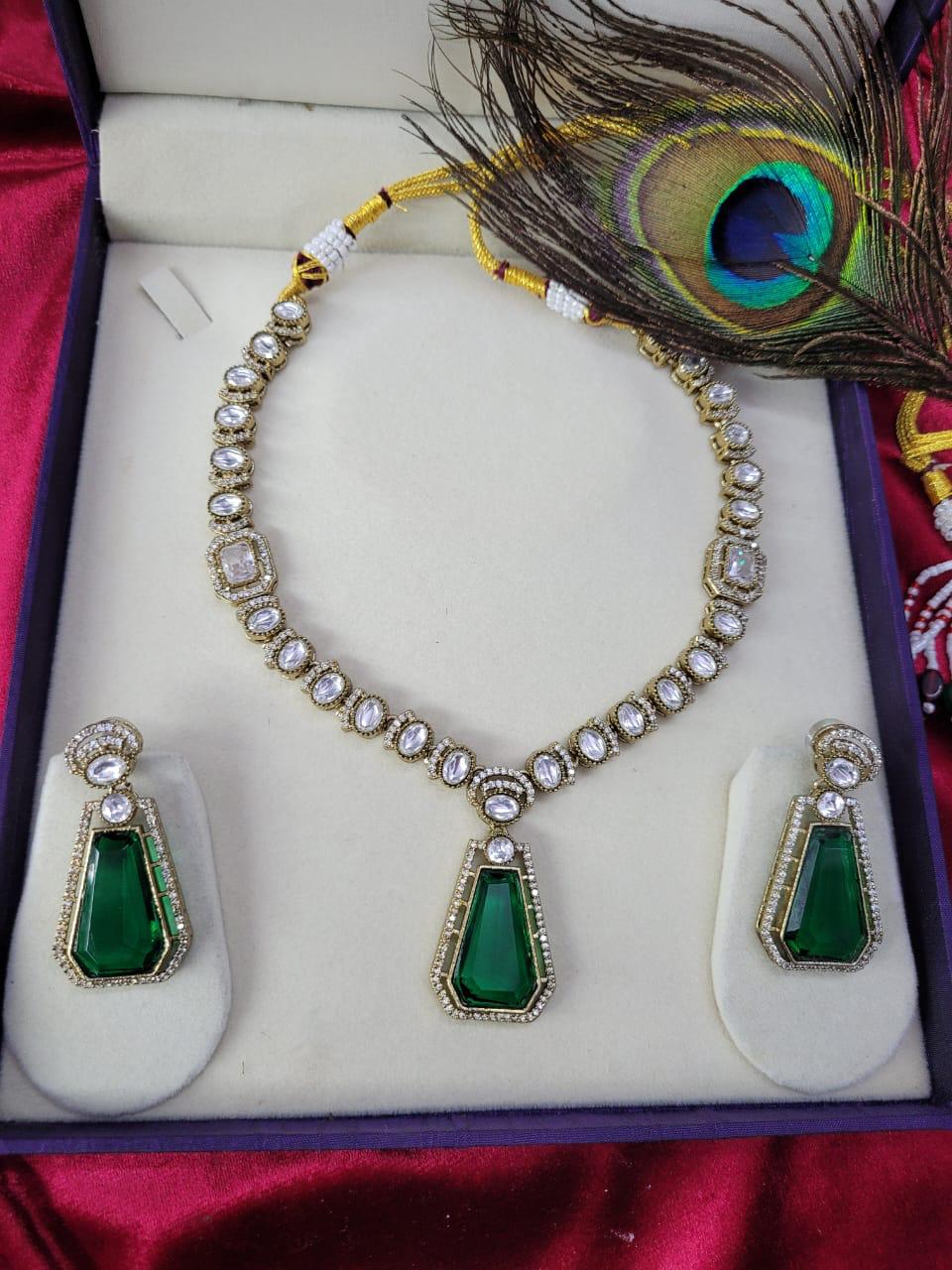 Traditional Craftsmanship American Diamond Kundan Necklace Set | Kundan Jewelry | Indian Jewelry - Libasaa.com