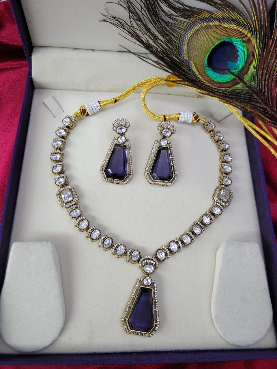 Traditional Craftsmanship American Diamond Kundan Necklace Set | Kundan Jewelry | Indian Jewelry - Libasaa.com