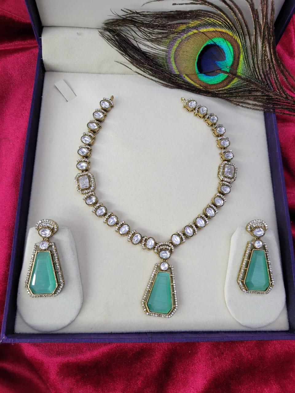 Traditional Craftsmanship American Diamond Kundan Necklace Set | Kundan Jewelry | Indian Jewelry - Libasaa.com