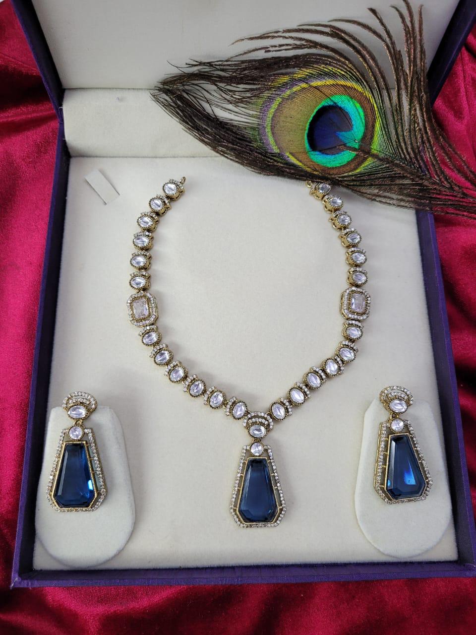 Traditional Craftsmanship American Diamond Kundan Necklace Set | Kundan Jewelry | Indian Jewelry - Libasaa.com