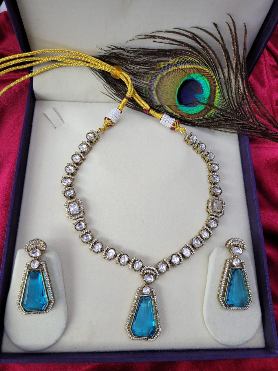 Traditional Craftsmanship American Diamond Kundan Necklace Set | Kundan Jewelry | Indian Jewelry - Libasaa.com