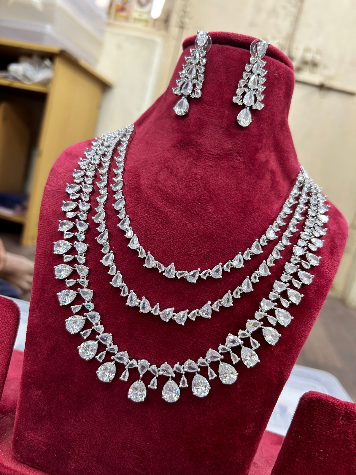 Multi Layer Pink CZ Sapphire Necklace Chandelier Earrings Set | Kundan Jewelry | AD Jewelry | Indian Jewelry | Traditional Jewelry - Libasaa.com