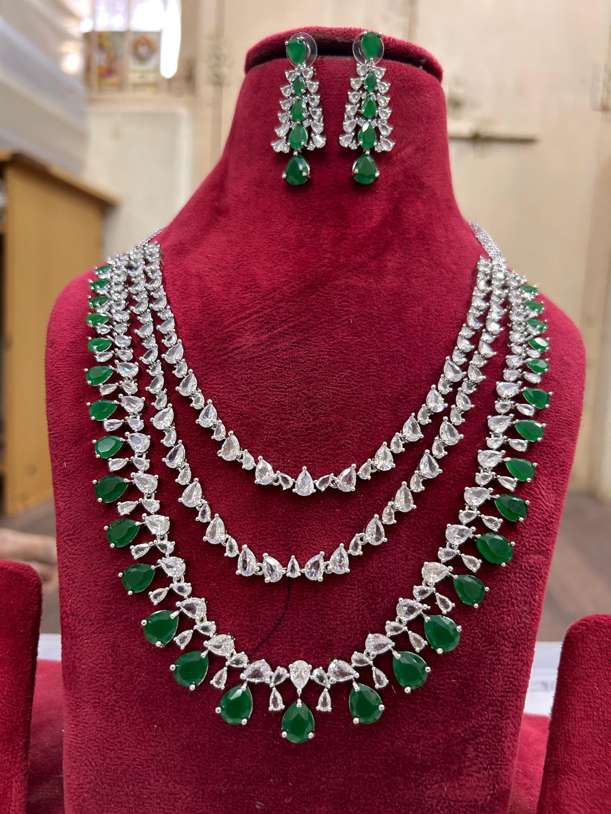 Multi Layer Pink CZ Sapphire Necklace Chandelier Earrings Set | Kundan Jewelry | AD Jewelry | Indian Jewelry | Traditional Jewelry - Libasaa.com