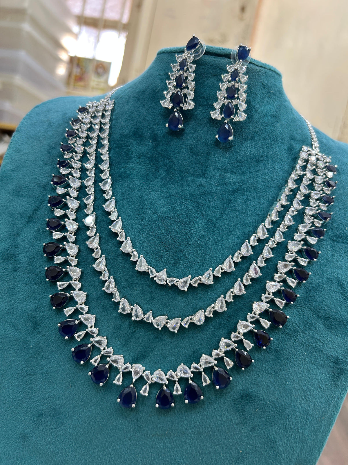 Multi Layer Pink CZ Sapphire Necklace Chandelier Earrings Set | Kundan Jewelry | AD Jewelry | Indian Jewelry | Traditional Jewelry - Libasaa.com