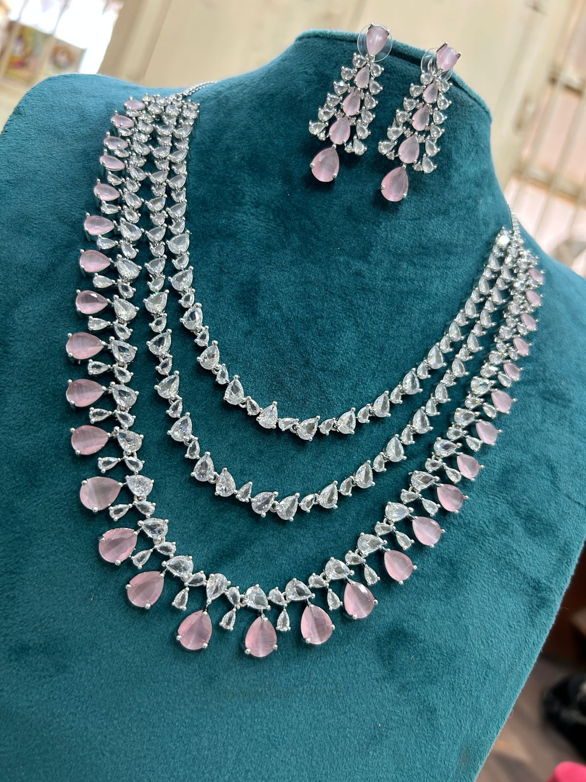 Multi Layer Pink CZ Sapphire Necklace Chandelier Earrings Set | Kundan Jewelry | AD Jewelry | Indian Jewelry | Traditional Jewelry - Libasaa.com