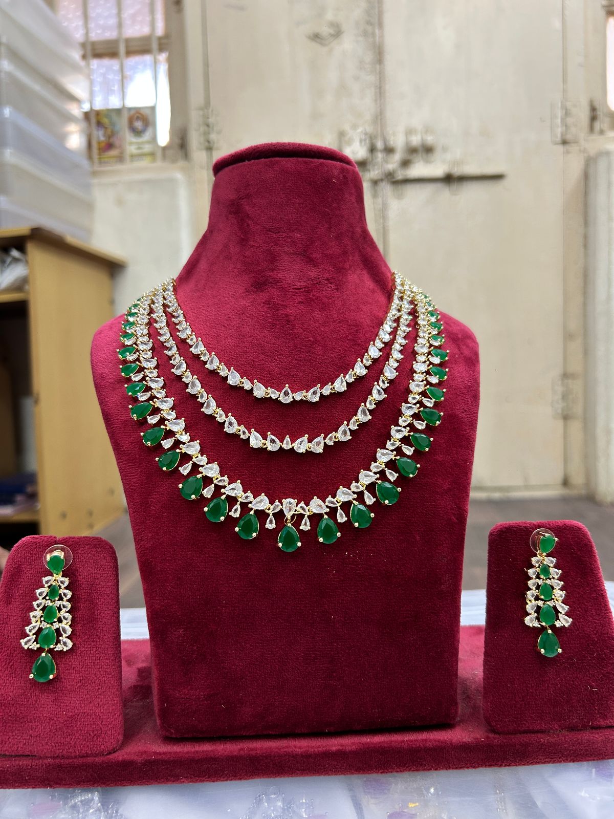 Multi Layer Pink CZ Sapphire Necklace Chandelier Earrings Set | Kundan Jewelry | AD Jewelry | Indian Jewelry | Traditional Jewelry - Libasaa.com