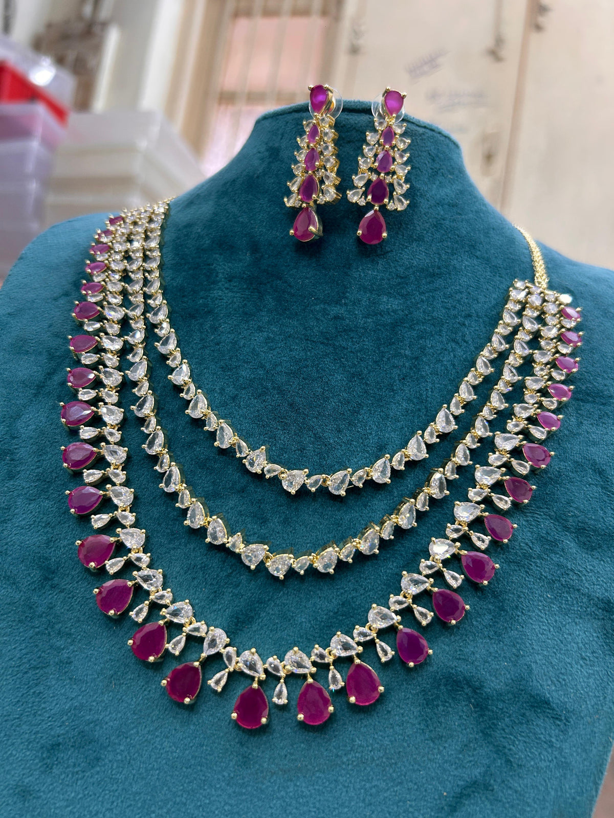 Multi Layer Pink CZ Sapphire Necklace Chandelier Earrings Set | Kundan Jewelry | AD Jewelry | Indian Jewelry | Traditional Jewelry - Libasaa.com