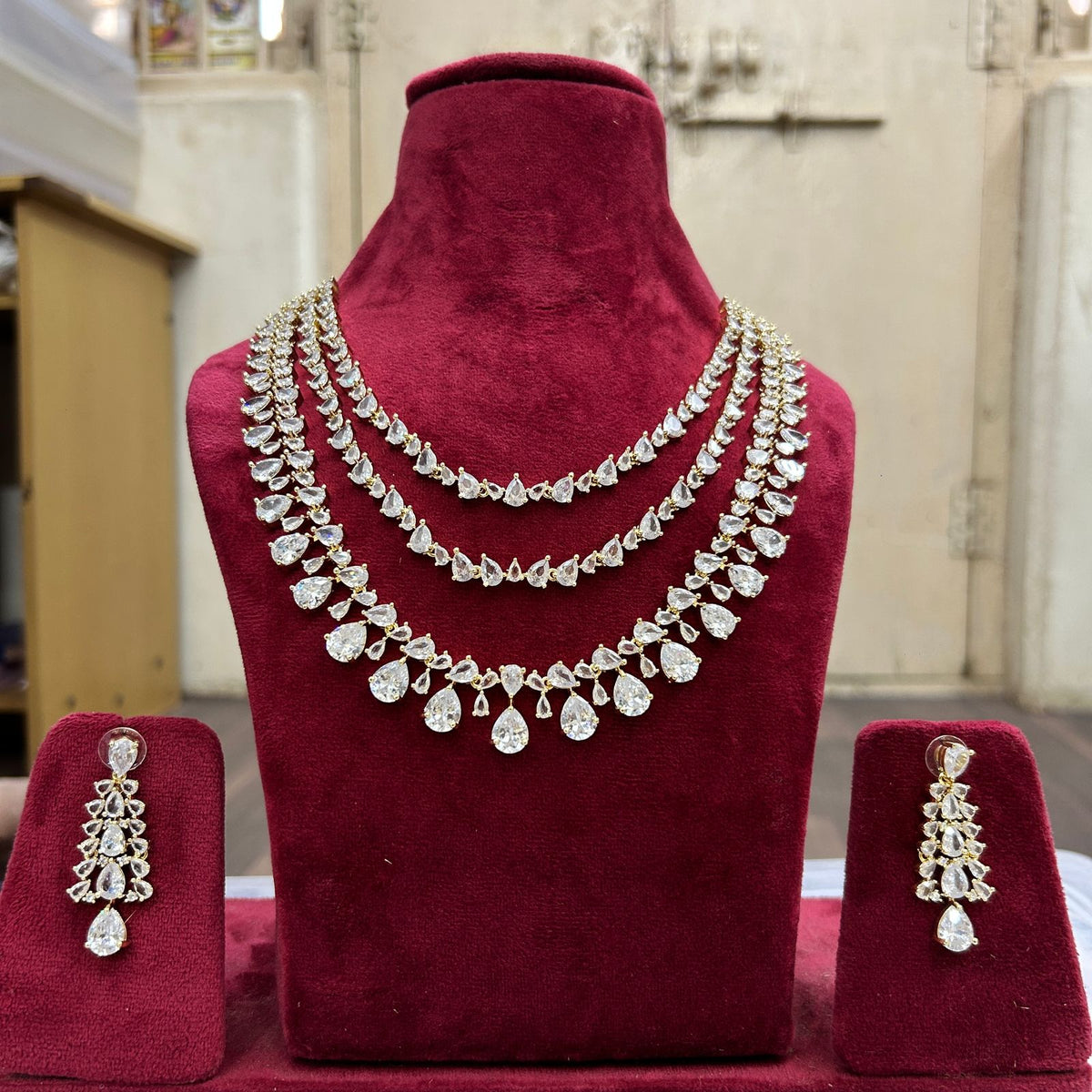 Multi Layer Pink CZ Sapphire Necklace Chandelier Earrings Set | Kundan Jewelry | AD Jewelry | Indian Jewelry | Traditional Jewelry - Libasaa.com