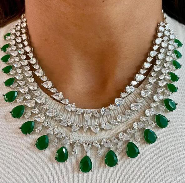 Multi Layer Pink CZ Sapphire Necklace Chandelier Earrings Set | Kundan Jewelry | AD Jewelry | Indian Jewelry | Traditional Jewelry - Libasaa.com