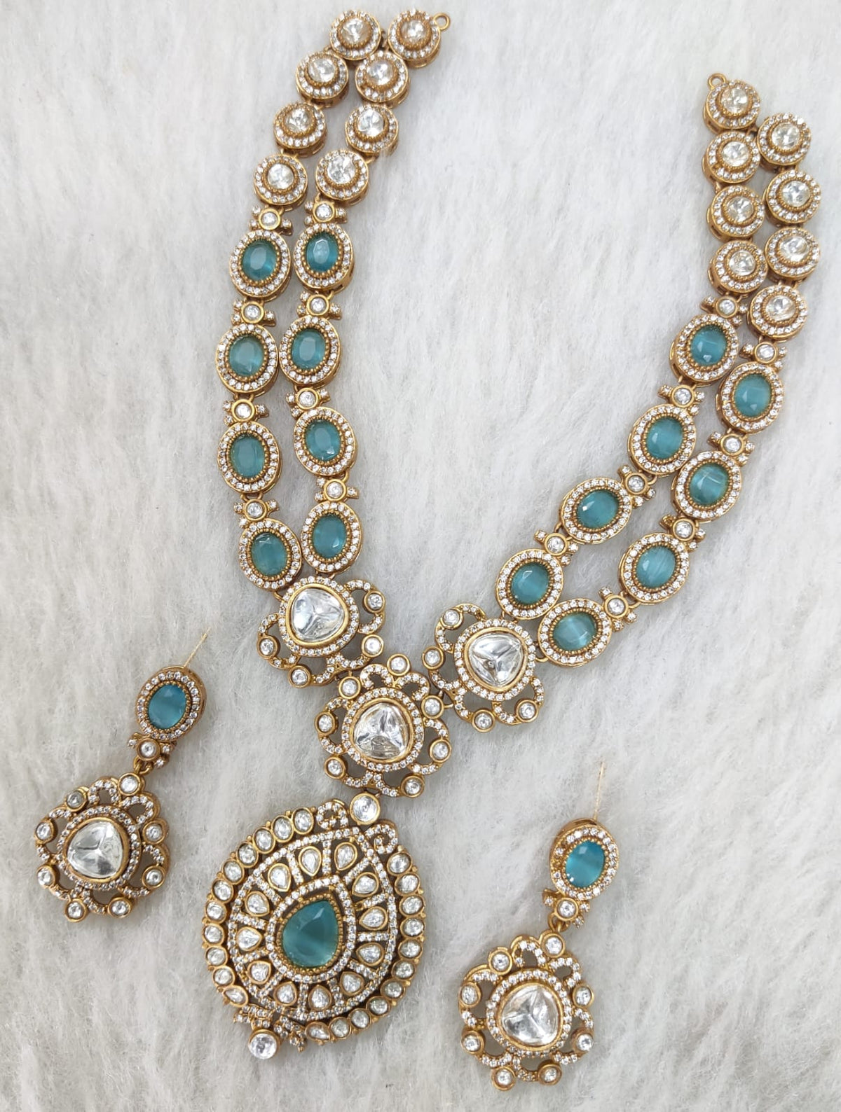 Indian Wedding Double Layer Polki Kundan Necklace Earrings Set | Kundan Jewelry | AD Jewelry | Indian Jewelry - Libasaa.com