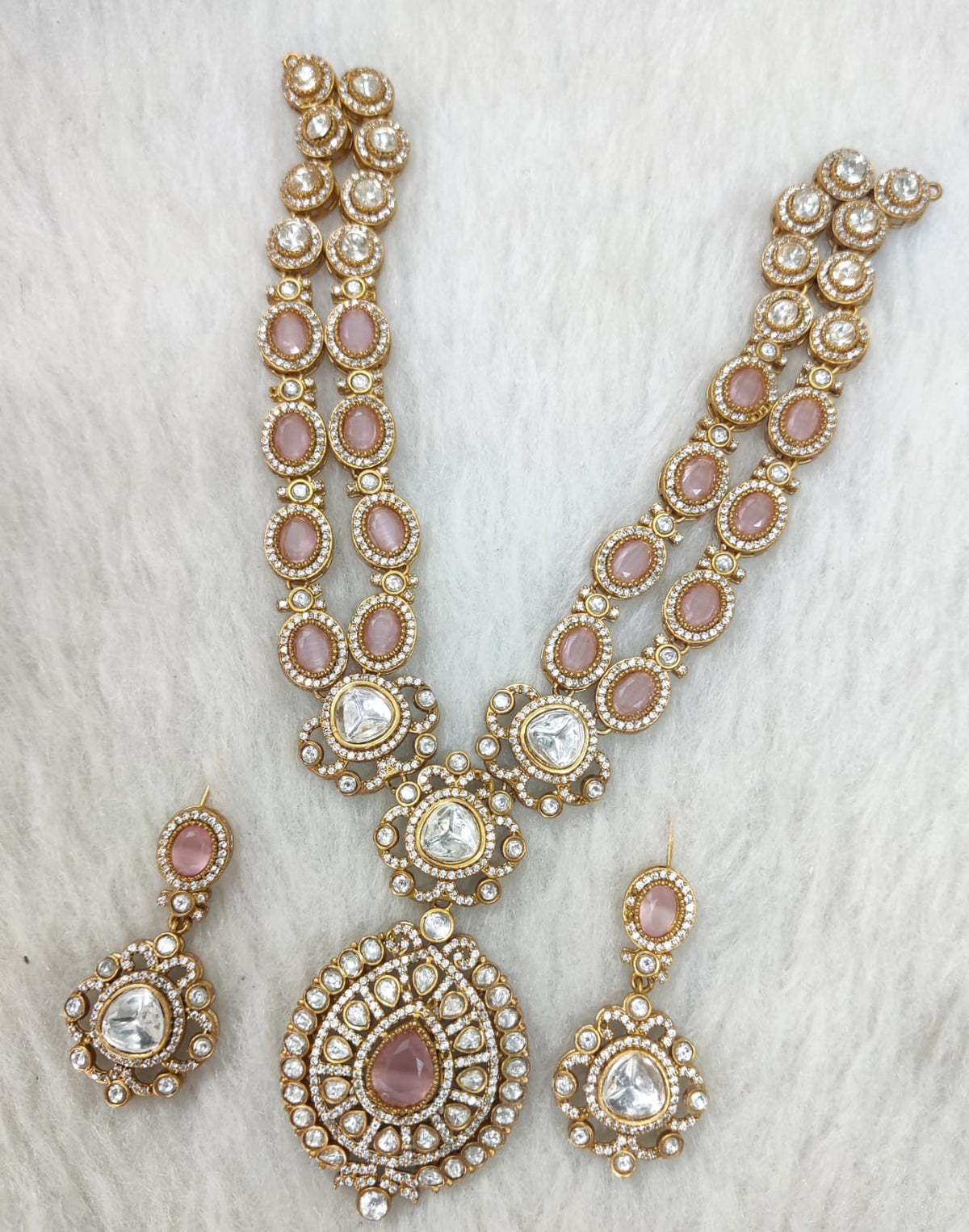 Indian Wedding Double Layer Polki Kundan Necklace Earrings Set | Kundan Jewelry | AD Jewelry | Indian Jewelry - Libasaa.com
