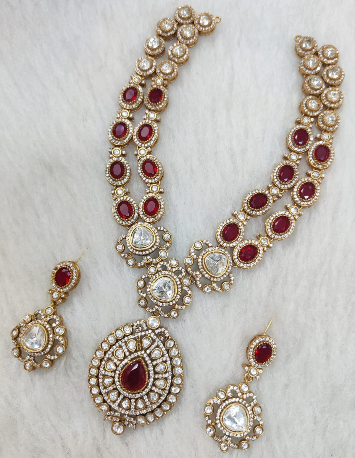 Indian Wedding Double Layer Polki Kundan Necklace Earrings Set | Kundan Jewelry | AD Jewelry | Indian Jewelry - Libasaa.com