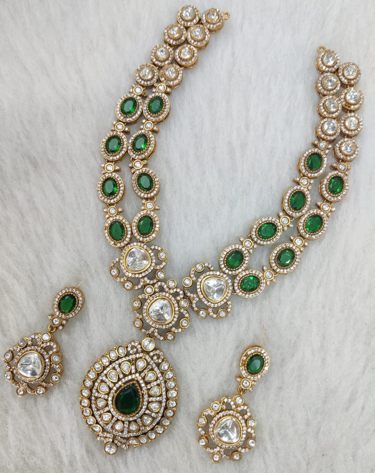 Indian Wedding Double Layer Polki Kundan Necklace Earrings Set | Kundan Jewelry | AD Jewelry | Indian Jewelry - Libasaa.com