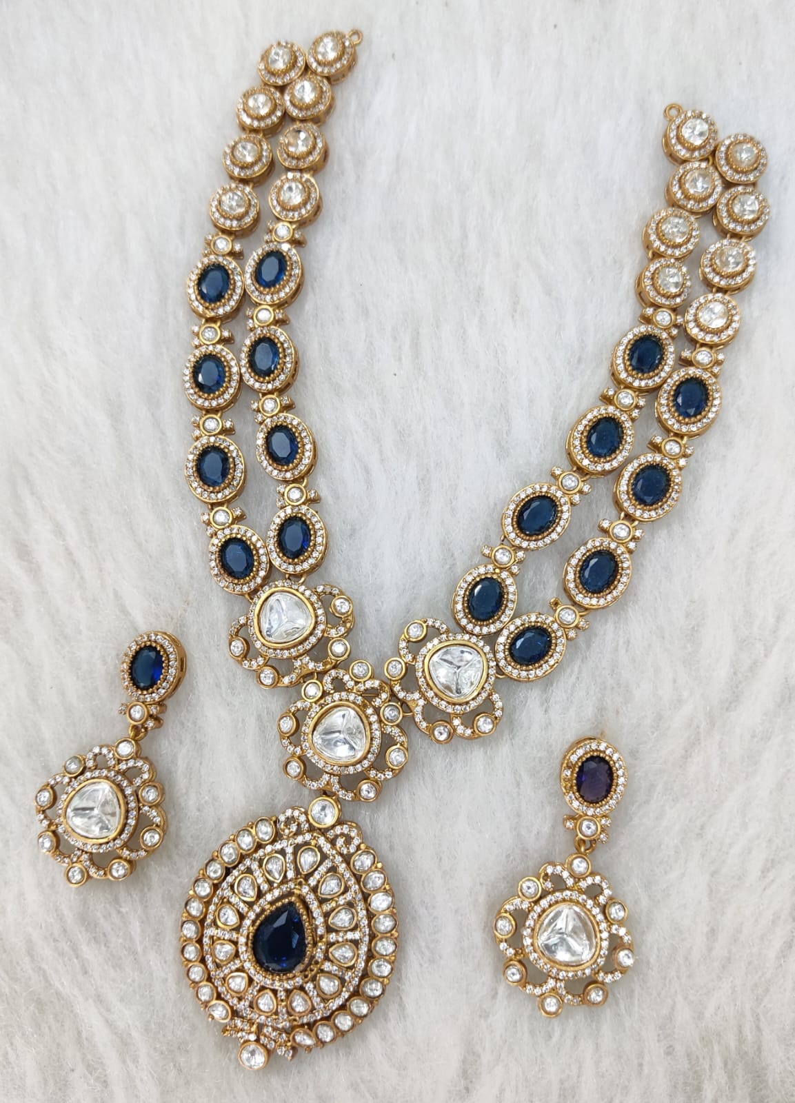 Indian Wedding Double Layer Polki Kundan Necklace Earrings Set | Kundan Jewelry | AD Jewelry | Indian Jewelry - Libasaa.com