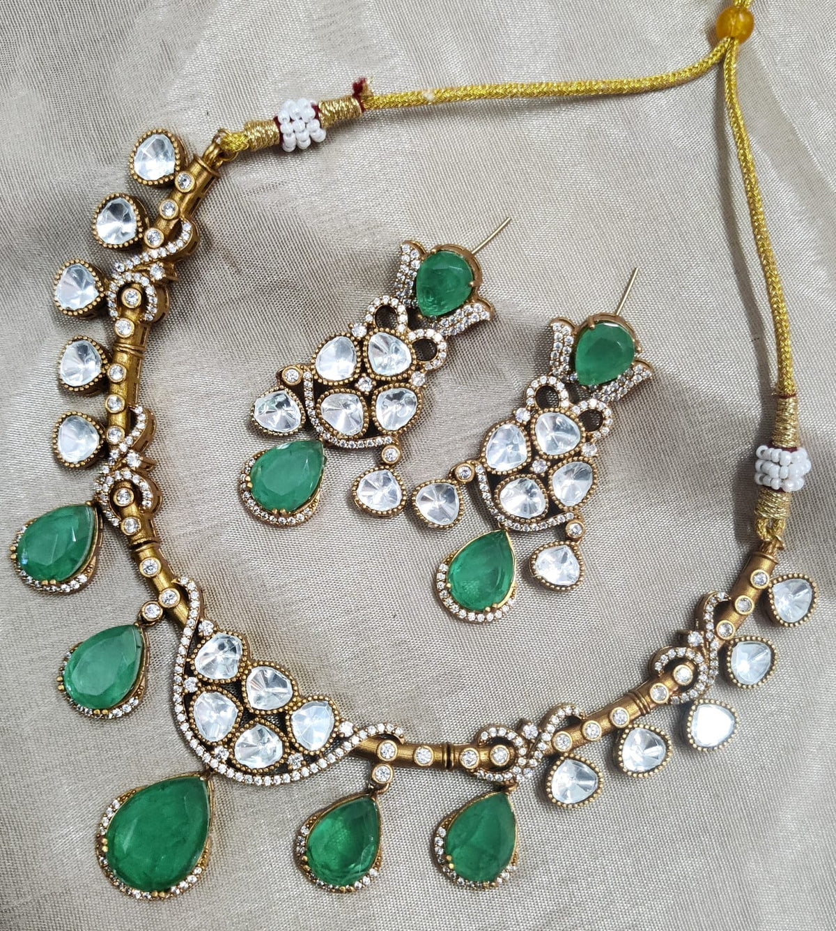 Jaipuri Traditional American Diamond Choker Earrings Set | Kundan Jewelry | AD Jewelry | Indian Jewelry | Traditional Jewelry - Libasaa.com