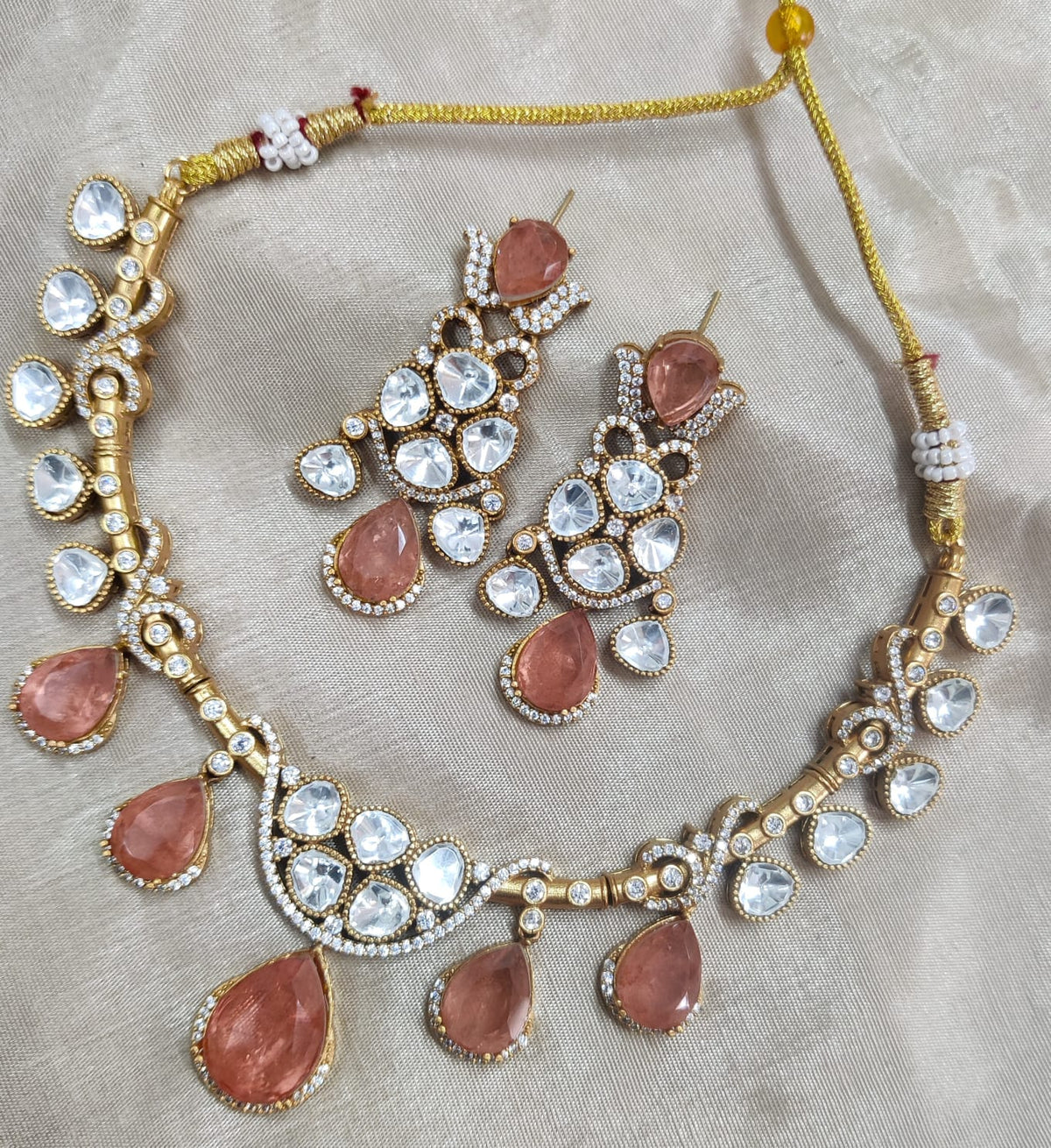 Jaipuri Traditional American Diamond Choker Earrings Set | Kundan Jewelry | AD Jewelry | Indian Jewelry | Traditional Jewelry - Libasaa.com