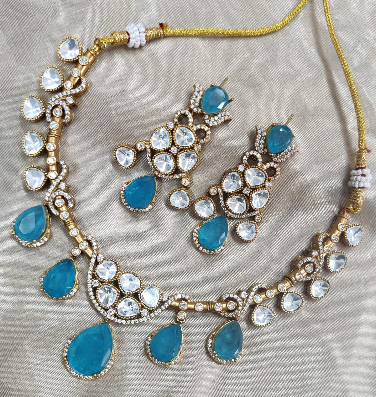 Jaipuri Traditional American Diamond Choker Earrings Set | Kundan Jewelry | AD Jewelry | Indian Jewelry | Traditional Jewelry - Libasaa.com