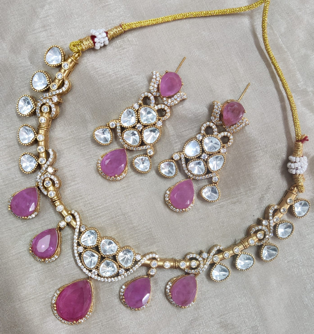 Jaipuri Traditional American Diamond Choker Earrings Set | Kundan Jewelry | AD Jewelry | Indian Jewelry | Traditional Jewelry - Libasaa.com