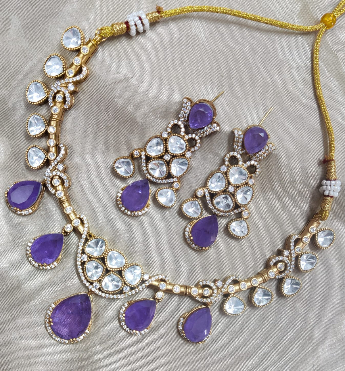 Jaipuri Traditional American Diamond Choker Earrings Set | Kundan Jewelry | AD Jewelry | Indian Jewelry | Traditional Jewelry - Libasaa.com