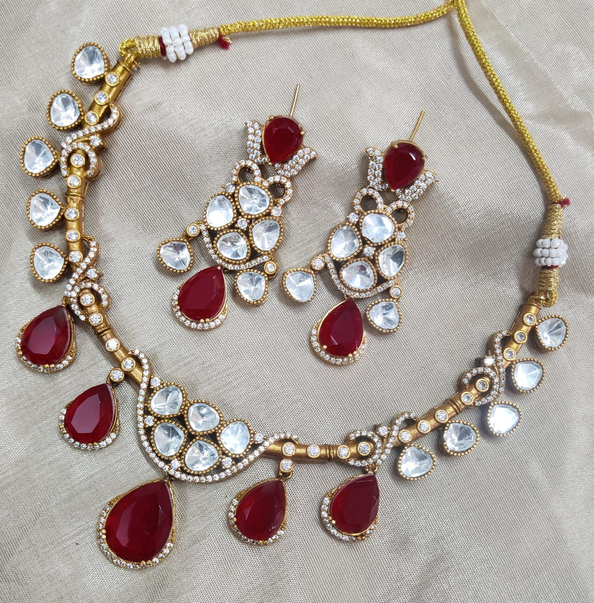 Jaipuri Traditional American Diamond Choker Earrings Set | Kundan Jewelry | AD Jewelry | Indian Jewelry | Traditional Jewelry - Libasaa.com