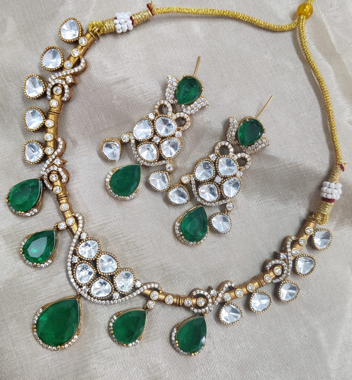 Jaipuri Traditional American Diamond Choker Earrings Set | Kundan Jewelry | AD Jewelry | Indian Jewelry | Traditional Jewelry - Libasaa.com