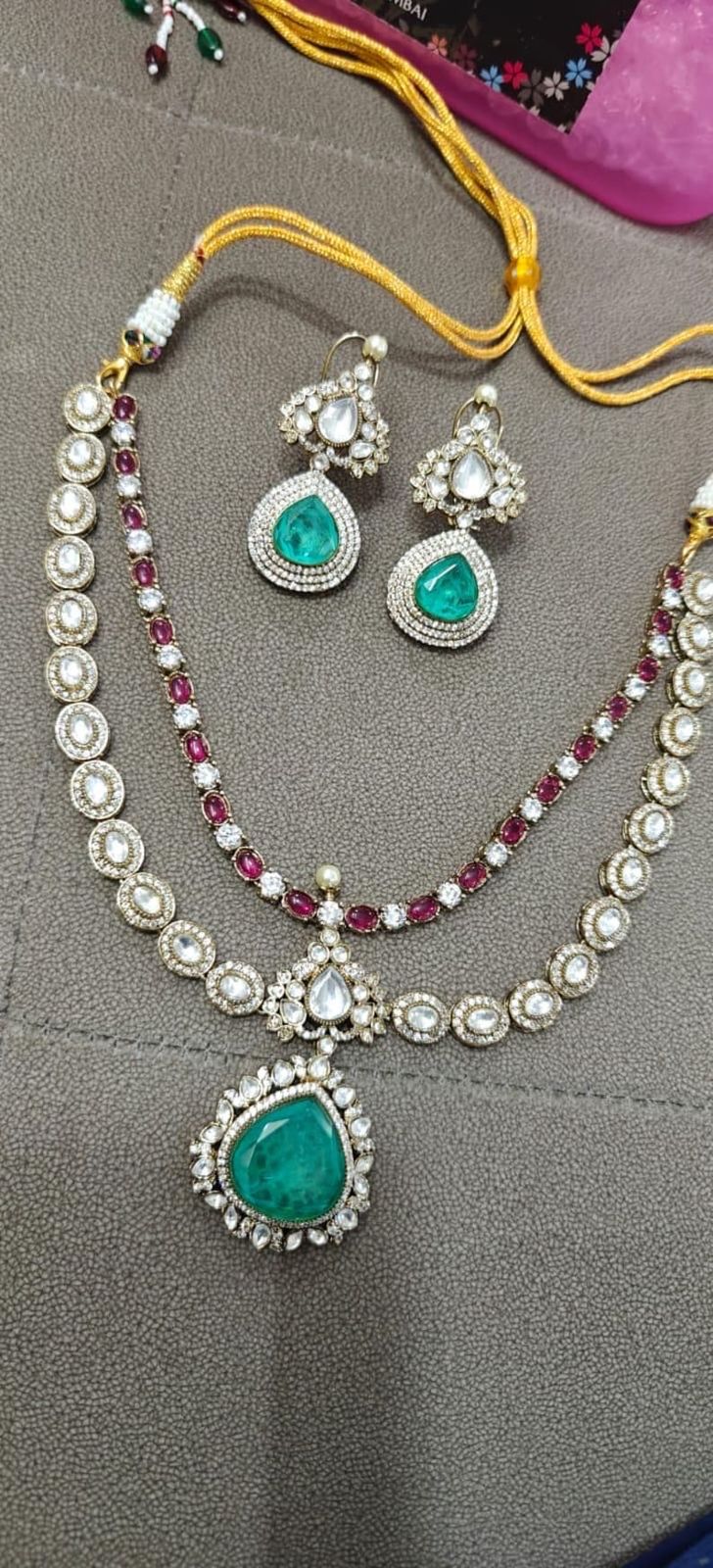 Pakistani Double Layered Polki Kundan Necklace Earrings Set | Kundan Jewelry | Indian Jewelry | Pakistani Necklace Set | Traditional Jewelry - Libasaa.com