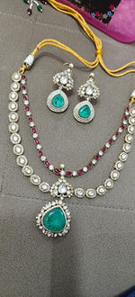 Pakistani Double Layered Polki Kundan Necklace Earrings Set | Kundan Jewelry | Indian Jewelry | Pakistani Necklace Set | Traditional Jewelry - Libasaa.com