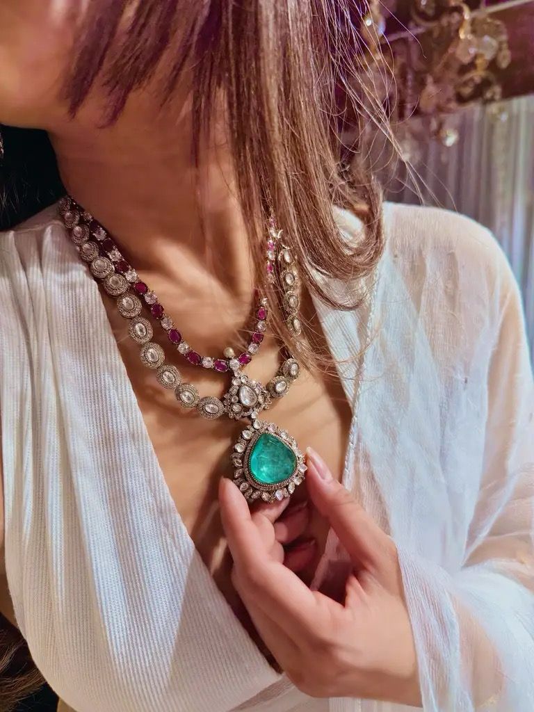 Pakistani Double Layered Polki Kundan Necklace Earrings Set | Kundan Jewelry | Indian Jewelry | Pakistani Necklace Set | Traditional Jewelry - Libasaa.com