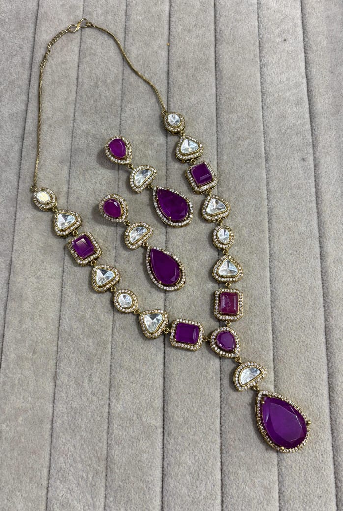 Bollywood Design Teardrop AD Necklace Earrings Set | Kundan Jewelry | AD Jewelry | Indian Jewelry | Traditional Jewelry - Libasaa.com