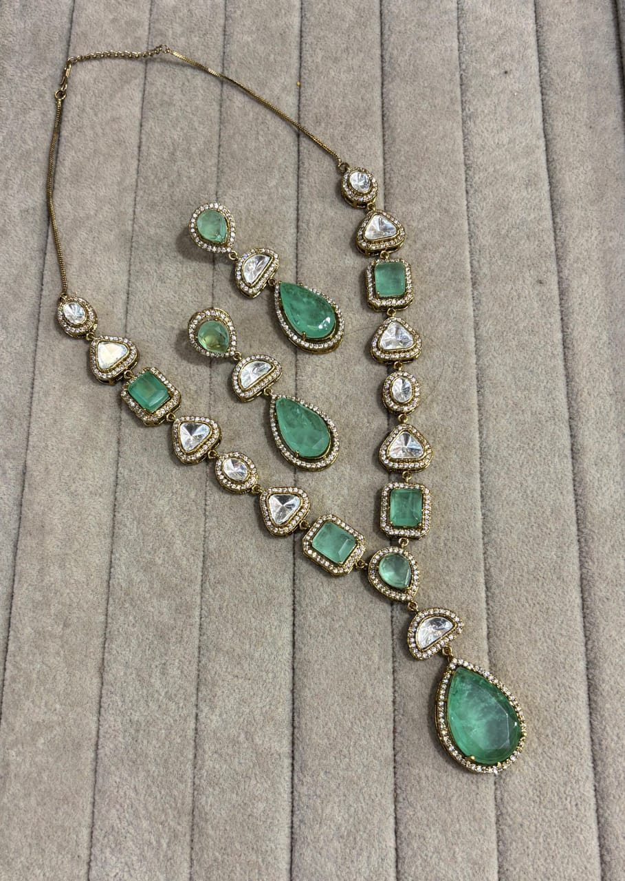Bollywood Design Teardrop AD Necklace Earrings Set | Kundan Jewelry | AD Jewelry | Indian Jewelry | Traditional Jewelry - Libasaa.com