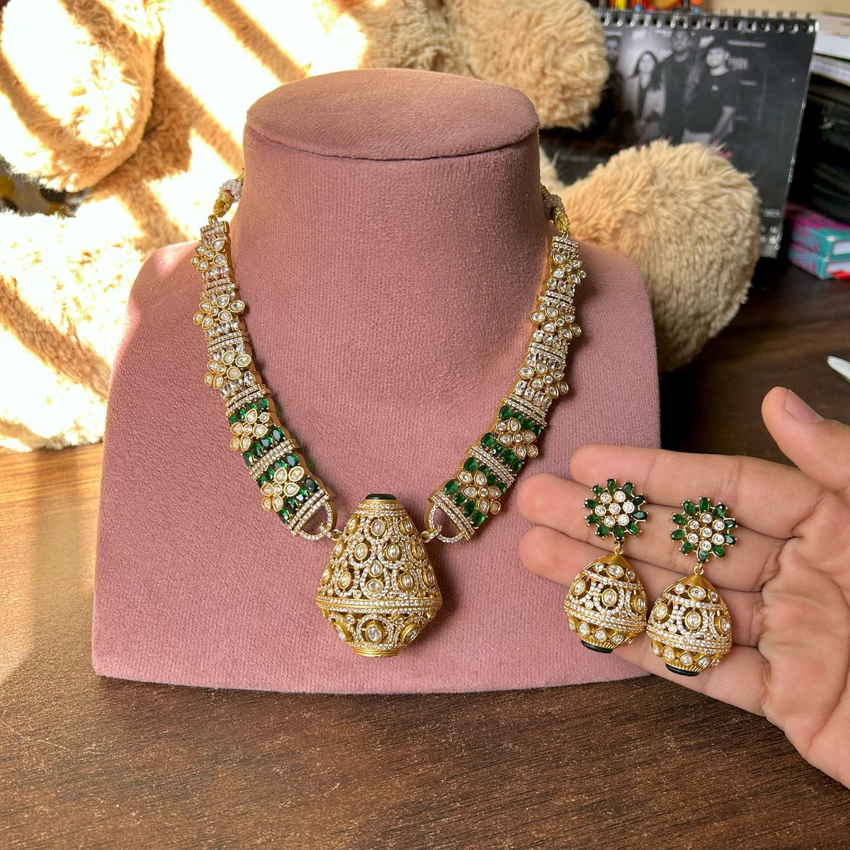 Traditional craftsmanship Indian cubic zirconia Necklace Earrings Set | Kundan Jewelry | AD Jewelry | Indian Jewelry - Libasaa.com
