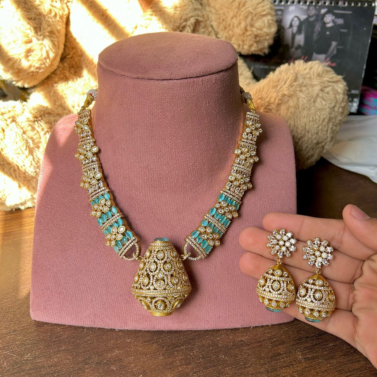Traditional craftsmanship Indian cubic zirconia Necklace Earrings Set | Kundan Jewelry | AD Jewelry | Indian Jewelry - Libasaa.com