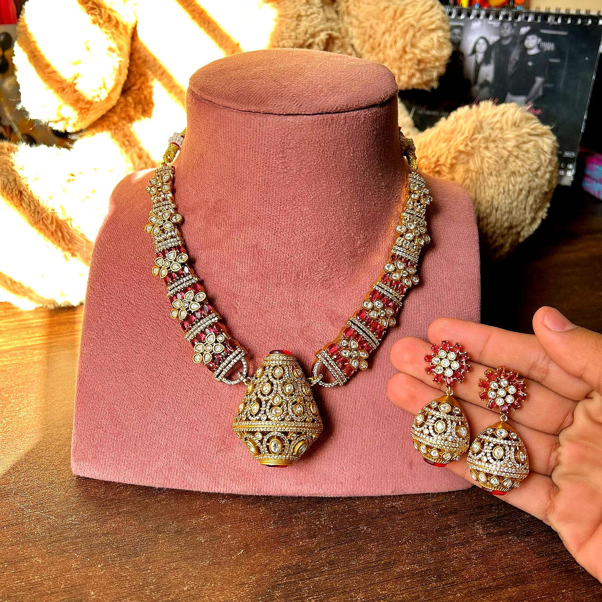 Traditional craftsmanship Indian cubic zirconia Necklace Earrings Set | Kundan Jewelry | AD Jewelry | Indian Jewelry - Libasaa.com