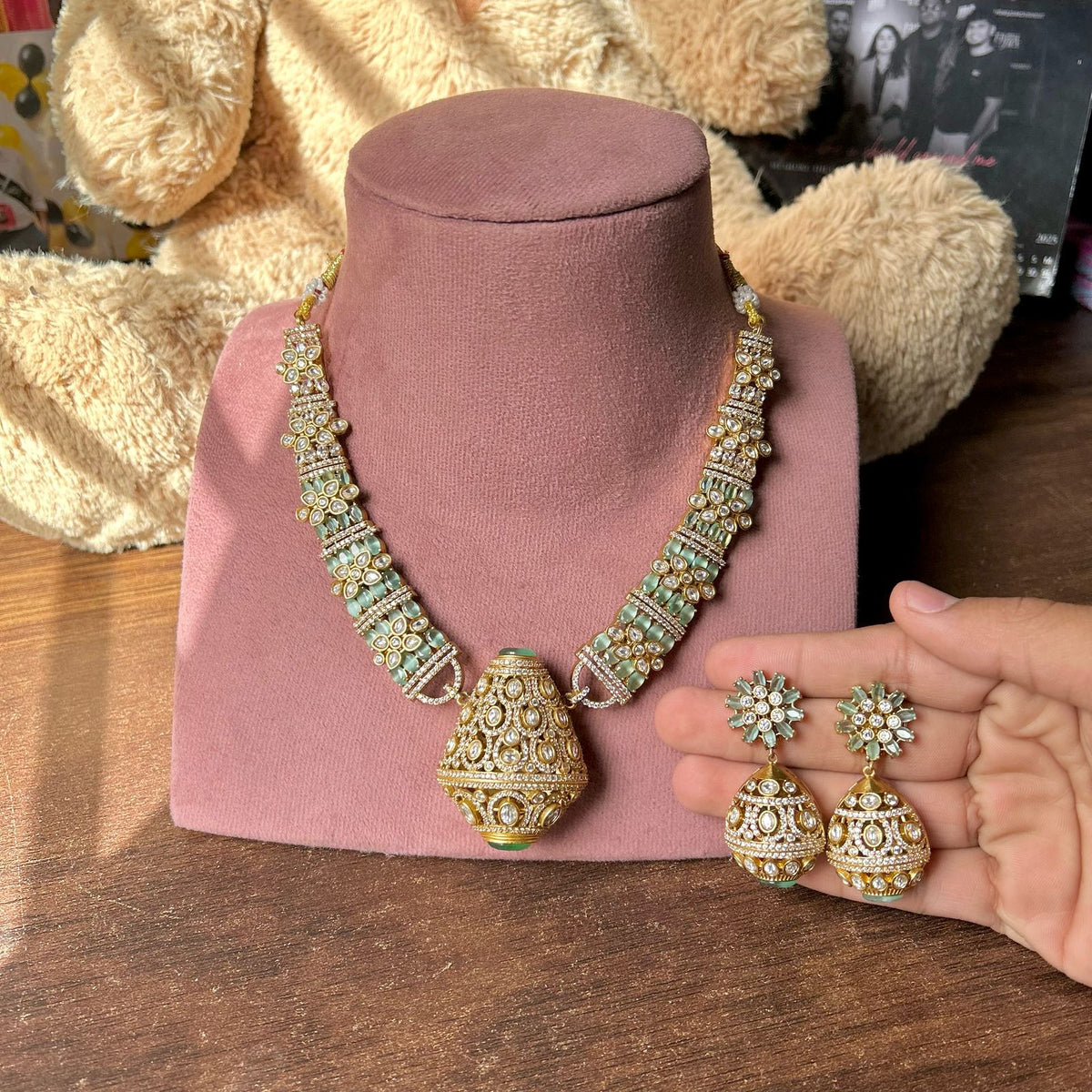 Traditional craftsmanship Indian cubic zirconia Necklace Earrings Set | Kundan Jewelry | AD Jewelry | Indian Jewelry - Libasaa.com