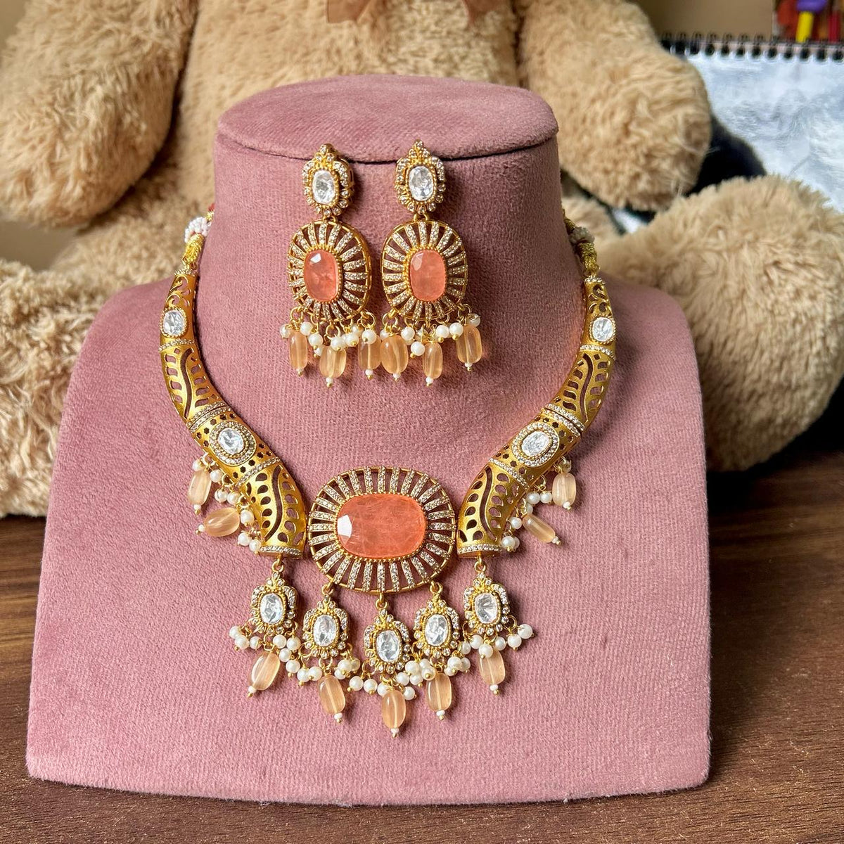 Meenakari JaipuriAD Kundan Necklace Earrings Set| Kundan Jewelry | AD Jewelry | Indian Jewelry - Libasaa.com