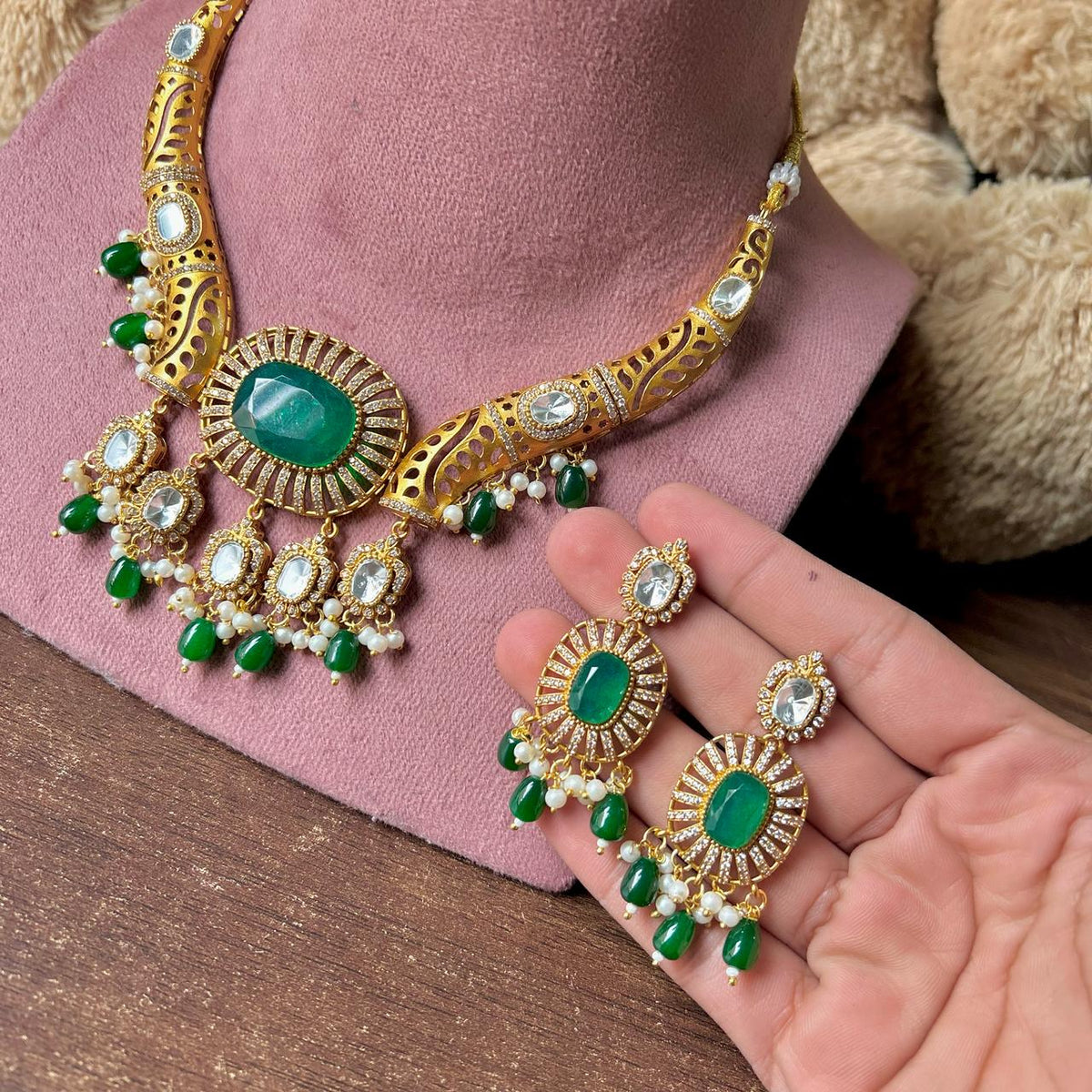 Meenakari JaipuriAD Kundan Necklace Earrings Set| Kundan Jewelry | AD Jewelry | Indian Jewelry - Libasaa.com