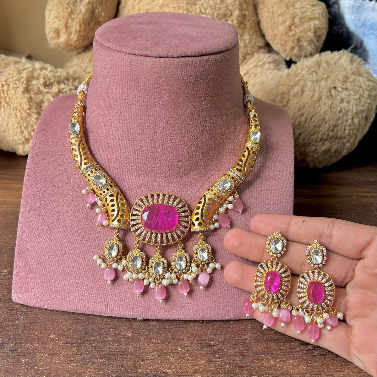 Meenakari JaipuriAD Kundan Necklace Earrings Set| Kundan Jewelry | AD Jewelry | Indian Jewelry - Libasaa.com