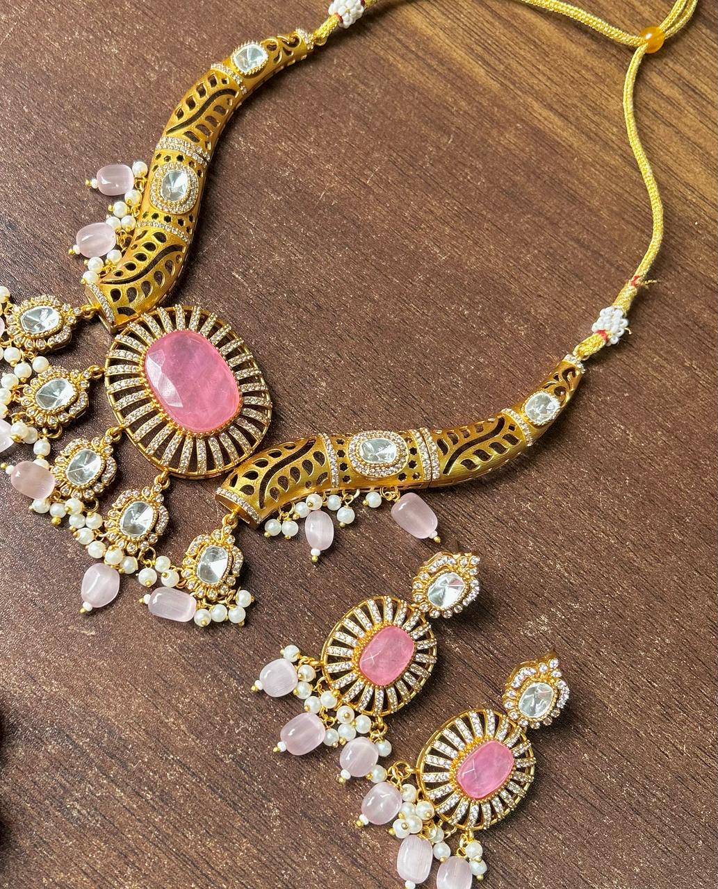 Meenakari JaipuriAD Kundan Necklace Earrings Set| Kundan Jewelry | AD Jewelry | Indian Jewelry - Libasaa.com