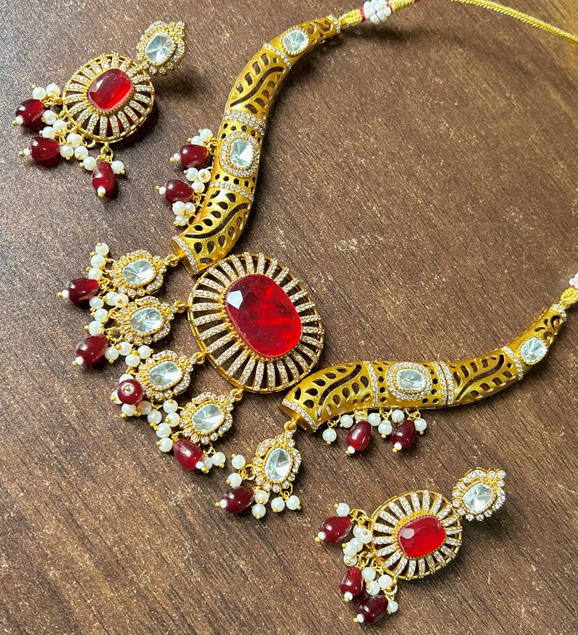 Meenakari JaipuriAD Kundan Necklace Earrings Set| Kundan Jewelry | AD Jewelry | Indian Jewelry - Libasaa.com