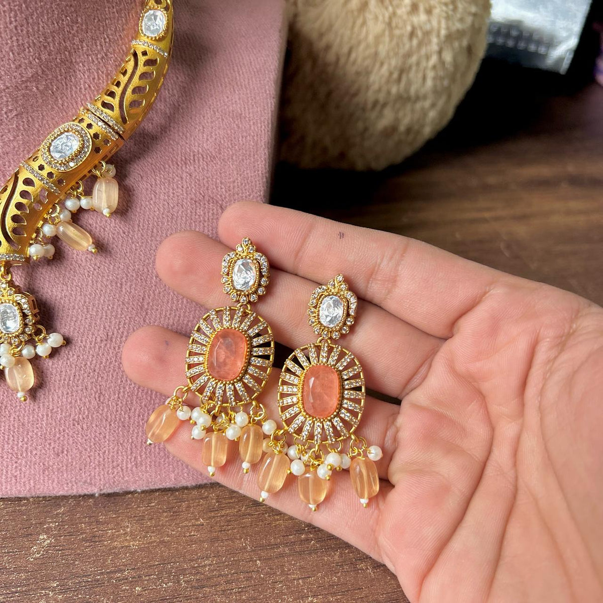 Meenakari JaipuriAD Kundan Necklace Earrings Set| Kundan Jewelry | AD Jewelry | Indian Jewelry - Libasaa.com
